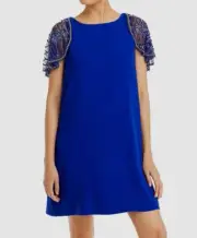 $295 Aidan Mattox Women's Blue Embellished Overlay Cape A-Line Dress Size 2