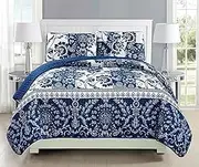 Fancy Collection 2pc Twin/Twin Extra Long Oversize Quilted Bedspread Coverlet Set Floral Navy Blue White New