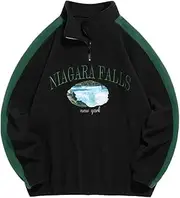 [ZAFUL] Mens Colorblock Fuzzy Pullover Sweatshirt Stand Collar Quarter Zip Niagara Falls Graphic Fleece Fluffy Vintage Hoodie