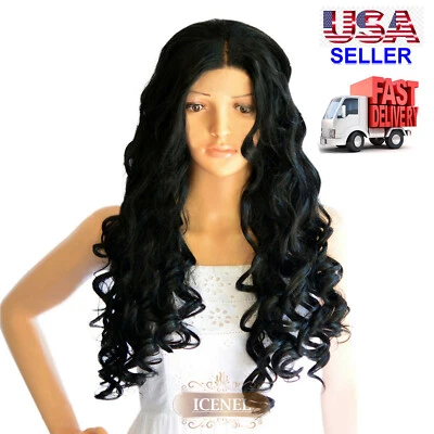 NWT ICENEL Long Curly Wavy 22 inch Synthetic Lace Front Full Wig Jet Black 1 002
