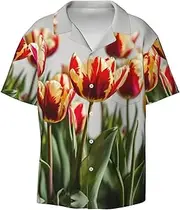 [EdWal] Colorful Tulips Print Men's Print T Shirts Short Sleeve Polo Shirts Casual Summer Beach Shirt for Men