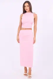 Pink Gathered Midi Skirt High Rise Bengaline Split - Size 16XL, Women's Midi Skirt
