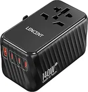 LENCENT 140W Universal Travel Adapter, International Plug Adaptor, GaN Fast Charger with 3 PD3.1 Type C+1 QC USB A, All in One Travel Essentials, Worldwide Outlet Converter for USA/UK/EU/AU, Black