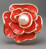 Betsey Johnson Red Enamel Delicate Pearl Flower Pin Brooch NWT