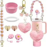 Stanley Tumbler Cup Accessories Set for 20oz 30oz 40oz With Stanley Siliocne Straw Cover，Water Bottle Handle Strap，Stanley Charms，Tumbler Cup Siliocne Cup Boot (Pink)