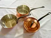 BAUMALU Copper 2 mm Saute Pans and Pots Mixed set of 3 Alsace France New
