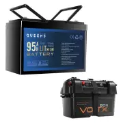 1PC Queens 12V 95AH Lithium Battery LiFePO4 100A 1PC VoltX 12V Battery Box 2 USB