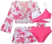 [WDIRARA] Girl's 4 Piece Color Block Swimsuit and Coverup Set Tree Print Boho Swimwear