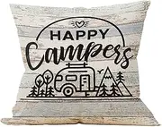 Mancheng-zi Happy Campers Throw Pillow Case, Gift to RV Campers, Trailer Decor, Camper Decor, Camping Lovers Pillow, 18X18 Inch Linen Cushion Cover RV Decoration for Sofa Couch Bed