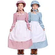 19th Century 1800s Old West Prairie Dress Bonnet and Apron Set Pioneer Floral Girls' Halloween Carnival World Book Day School Event Dress Up Historical reenact