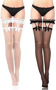 [BOARDFEB] Women's Lace Top Thigh High Sheer Stockings Bow Suspenders Thigh High Stockings Over Knee Stockings Nylon Sheer Stockings for Women, Black White