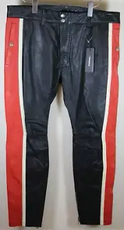 Diesel Monte Black Leather Jeans Pants Side Stripe Zipper Cuff Size 32 Brand New