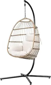 Gardeon Outdoor Egg Swing Chair Rattan Yellow Garden Bench Hanging Seat, Patio Baconly Furniture Chairs, with Cushions Stand Wicker Basket Foldable Water Resistant 150kg Capacity