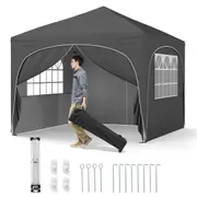 Costway 3x3 m Pop up Canopy Tent w/4 Removable Sidewall Portable Foldable Sun Shelter Gazebo Grey