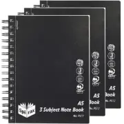 NEW 3 Pack Spirax P572 3-Subject Notebook Spiral Bound 300 Page A5 Black Note Bo
