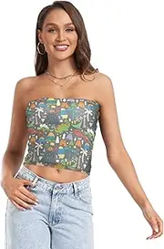[RPLIFE] Playful Summer Doodles Tube Crop Tops for Women, Sexy Tube Tops, Sheer Tube Tops, Summer Clothing (S)