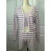 Willow & Wind Crochet Striped Ivory Lavender 3 Piece Sweater Tank Shorts Set M
