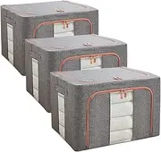 3Pack Clothes Storage Bag Foldable Closet Organizers Storage Containers,Large Storage Bins for Comforters, Blankets, Bedding,Toys, Books, Foldable with Sturdy Zipper,Clear Window, 72L-Grey