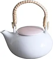 Japanese Porcelain Dobin Teapot - 10.8 oz - Small Cherry Blossom Pattern with Strainer Lid - Mino Ware - Wisteria Vine Handle - White and Pink - Made in Japan