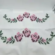 Set 2 Fancy Work Embroidered Pillowcases Red Roses Vines Bed and Breakfast