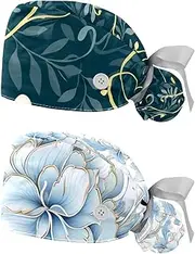 [YTYVAGT] 2-Pc,Nurse Scrub Caps,Scrub Hats with Buttons and Cotton Sweatband,Wedding Light Leaves Rings