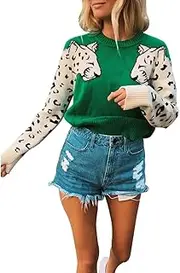[JUNBOON] Women’s Casual Leopard Print Knitted Pullover Sweaters Long Sleeve Crew Neck Jumper Tops