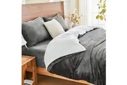 LINENOVA Luxurious Warm Teddy Fleece Sherpa Quilt Cover Duvet Cover Pillowcases Set - Queen,Charcoal