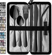 Portable Travel Utensils, Reusable Silverware with Case for Fixing Tableware, 9 Pieces Stainless Steel Stable Flatware Set, Camping Picnic Cutlery Set (Black Set)