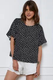 Geo Print Top Short Sleeve Linen - Size 8, Women's Top
