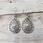 Ornate Silver Tone Teardrop Shape Dangle Earrings - Brand New