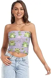 [RPLIFE] Cute Cartoon Frogs Purple Crop Tube Top, Strapless Tops for Women Summer, Sheer Tube Tops, Trendy Crop Tops (S)