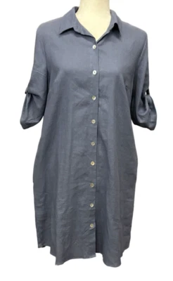 Everlily Button-Down Shirt Dress Roll-Up Sleeves Womens PL Linen Blend Pockets
