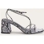 Snake PU Round Toe Strappy Mid Block Heeled Sandals, Snake Print