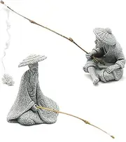 DUZFOREI 2PCS Mini Sitting Fishing Figurines Sandstone Vintage Ornament Japanese Decor for Fish Tank Pot Garden Home Aquarium Mini Fisherman Statue Asian Zen Decorations
