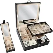 [LOFEE] Jewellery Box with Large Mirror for Women, 2-Layer Leather Jewellery Organiser Case with Portable Travel Case Lockable Jewellery Storage Boxes for Earring Bracelet Necklace Ring (Black)