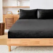 LINENOVA Teddy Fleece Fitted Sheet Set Queen Size – Super Soft Flannel, Extra Warm & Cozy for Winter, 40cm Deep Pocket, Includes 1 Fitted Sheet & 2 Pillowcases – Black(3-Piece Set)