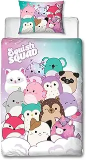 Character World Squishmallows Officially Licensed Bright Design Single Duvet Cover Set | Reversible 2 Sided Squish Squad Bedding Including Matching Pillow Case | Perfect for Kids Bedroom | Polycotton