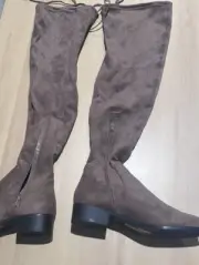 Bamboo Faux Suede Tied Flat Thigh High Boot taupe flat zipper round toe size 8