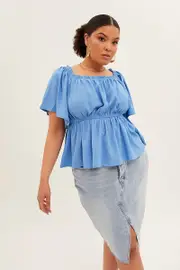Blue Textured Top Off Shoulder Crepe Jersey