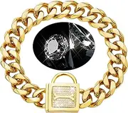 GZMZC Dog Collar Chain Top Cubic Zirconia Lock 19mm Stainless Steel Gold Curb Chain, Dog Necklace Pet Dog Training Walking Choke Collar (12inches)