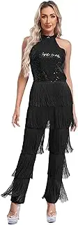 [Loodgao] Women Modern Dance Leotards Latin Jazz Dancewear One Piece Shiny Sequins with Tassel Pants Unitard