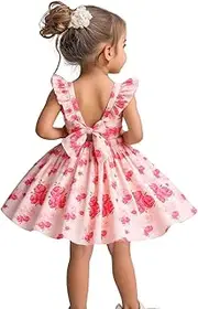 HILEELANG Flower Girl Spring Easter Pink Rose Floral Ruffled Sleeves Backless Tie Back Knot Summer Beach Sundress