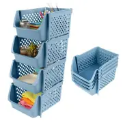 Spec101 Plastic Stackable Storage Bins - 4pc Blue Pantry Closet Organizer Bins