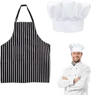 [mkemka] Apron and Chef Hat Set Black and White Striped Chef Apron Adjustable Cooking Hat Chef Outfit Adult Chef Apron Hat Set Chefs Apron with Pocket for Men Women, Black, White, As the picture shows