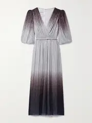 [Costarellos] Costarellos - Mercier Belted Plissé-lamé Midi Dress - Silver - FR 38 FR 38 Silver