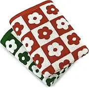 Jacquotha Checkered Floral Bath Towel Set of 2, Soft Cotton Towels for Bathroom 55 x 28 in, Versatile and Practical, 440 GSM, Red & Dark Olive Green, Bath Towels Gifts