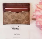 NWT COACH C.CARD CASE In Signature CANVAS & REFINED CALF LEATHER TAN/RUSH WALLET