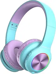 PowerLocus Kids Headphones, Bluetooth Headphones Over Ear for Kids, LED Lights, 74/85/94dB Safe Volume Limit Headphone, Micro SD/TF, Foldable with Hi-Fi Stereo, Built-in Mic (Teal/Purple)