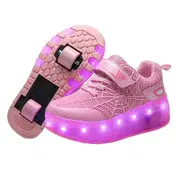 Nevenka Double Wheel Roller Skate Shoes Light Up Sneakers for Boys Girls-Pink