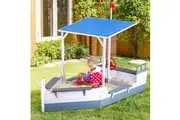 Keezi Kids Sandpit Wooden Box Boat Canopy Flag Outdoor Toys Children Blue
